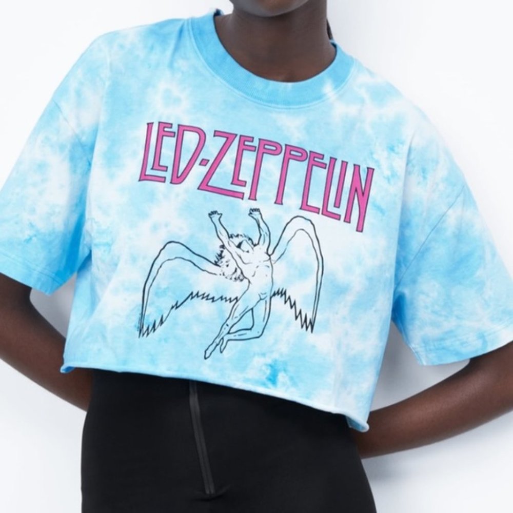 NWOT Zara blue tie dye Led Zeppelin cropped T-shirt Size L